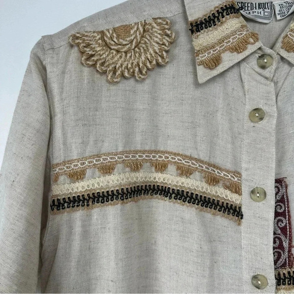Speed Limit Mph Button Down Top Size Medium Linen Blend Boho Embroidered Artsy - Picture 2 of 10